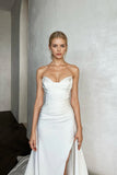 Off Shoulder Pleats Side Split Satin Beach Wedding Dress,DW072-Daisybridals