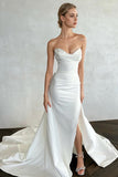 Off Shoulder Pleats Side Split Satin Beach Wedding Dress,DW072