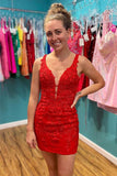 Red Appliques Plunge V Neckline Lace Up Homecoming Dress PD465 - Daisybridals