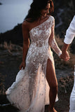 Romantic One Shoulder Lace Bohemian Wedding Dress with Split-Daisybridals