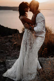 Romantic One Shoulder Lace Bohemian Wedding Dress with Split-Daisybridals