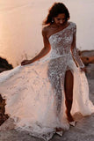 Romantic One Shoulder Lace Bohemian Wedding Dress with Split-Daisybridals