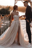 Romantic Sweetheart Champagne Bohemian Wedding Dress With Split-Daisybridals