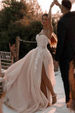 Romantic Sweetheart Champagne Bohemian Wedding Dress With Split-Daisybridals