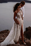 Romantic One Shoulder Lace Bohemian Wedding Dress with Split
