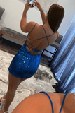 Royal Blue Sequin Bodycon Mini Homecoming Dress Short Prom Dress PD459 - Daisybridals