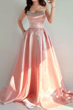 Scoop Neck Off Shoulder A-Line Sleeveless Pleated Pink Prom Dress