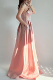 Scoop Neck Off Shoulder A-Line Sleeveless Pleated Pink Prom Dress