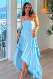 Sheath Strapless Blue High-Low Ruffle Long Prom Dress-Tirdress