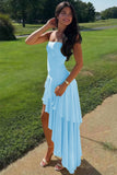 Sheath Strapless Blue High-Low Ruffle Long Prom Dress-Tirdress