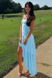 Sheath Strapless Blue High-Low Ruffle Long Prom Dress-Tirdress