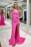 Simple Spaghetti Straps V Neck Hot Pink Prom Dress With Split,DS242-Daisybridals