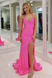 Simple Spaghetti Straps V Neck Hot Pink Prom Dress With Split,DS242-Daisybridals