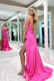 Simple Spaghetti Straps V Neck Hot Pink Prom Dress With Split,DS242-Daisybridals