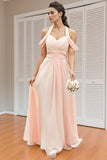Spaghetti Straps Off Shoulder A-line  Chiffon Blush Bridesmaid Dress-Daisybridals