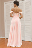 Spaghetti Straps Off Shoulder A-line  Chiffon Blush Bridesmaid Dress-Daisybridals