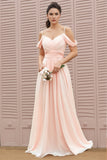 Spaghetti Straps Off Shoulder A-line  Chiffon Blush Bridesmaid Dress-Daisybridals