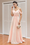 Spaghetti Straps Off Shoulder A-line  Chiffon Blush Bridesmaid Dress-Daisybridals