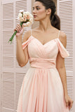 Spaghetti Straps Off Shoulder A-line  Chiffon Blush Bridesmaid Dress-Daisybridals