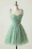 Spaghetti Straps Sleeveless A Line Tulle Floral Short Homecoming Dresses PD485-Daisybridals