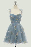 Spaghetti Straps Sleeveless A Line Tulle Floral Short Homecoming Dresses PD485-Daisybridals