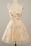 Spaghetti Straps Sleeveless A Line Tulle Floral Short Homecoming Dresses PD485-Daisybridals
