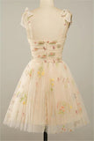 Spaghetti Straps Sleeveless A Line Tulle Floral Short Homecoming Dresses PD485-Daisybridals