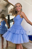 Spaghetti Straps V-Neck A-Line Tulle Mini Homecoming Dress,DH128