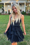 Spaghetti Straps V-Neck A-Line Tulle Mini Homecoming Dress,DH128