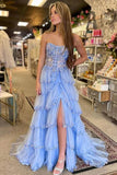 Strapless A-Line Layered Appliques Blue Prom Dress with Slit,DS245-Daisybridals