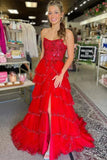 Strapless A-Line Layered Appliques Blue Prom Dress with Slit,DS245-Daisybridals