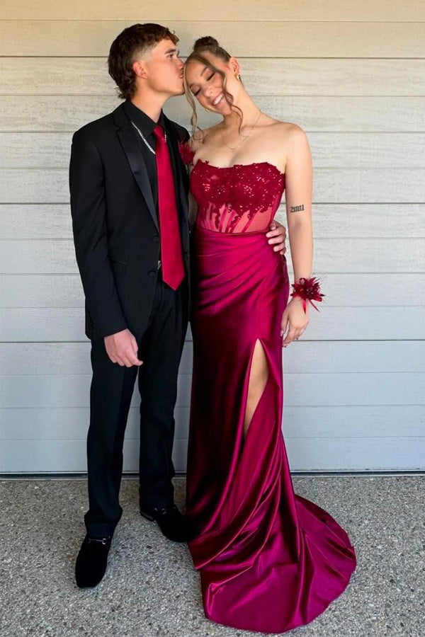 Strapless Appliques Fitted Burgundy Long Prom Dress Formal Dress,DS237-Daisybridals
