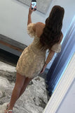 Strapless Floral Lace Puff Sleeves Mini Homecoming Dress,DH215-Daisybridals