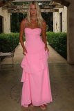 Straps Sweetheart Lace Up Tiered Ruffle Chiffon Pink Prom Dress-Daisybridals
