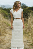 Two Piece V-Neck Cap Sleeves Ivory Rustic Wedding Dress Bridal Gown