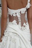Unique One Shoulder Applique A-line Satin Ivory Wedding Dress,DW073-Daisybridals
