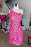 Unique Sleeveless One Shoulder Sequined Pink Homecoming Dress,DH197-Daisybridals