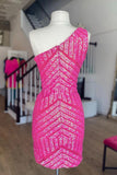 Unique Sleeveless One Shoulder Sequined Pink Homecoming Dress,DH197-Daisybridals