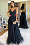 V Neck Black Tulle Prom Dress,Shiny Backless Evening Dress,DS105