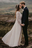 A-Line Bateau Floor Length Rustic Wedding Dress with Long Sleeves,DW031-Daisybridals