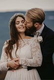 A-Line Bateau Floor Length Rustic Wedding Dress with Long Sleeves,DW031-Daisybridals