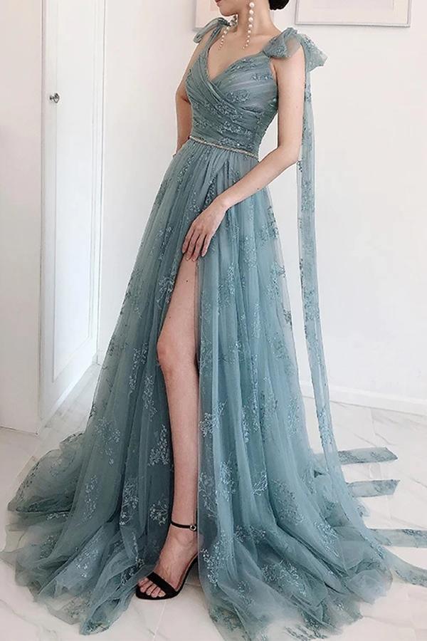 A-line Bow Tie Straps Party Dress Lace High Split Prom Dress,DS131-Daisybridals