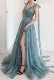 A-line Bow Tie Straps Party Dress Lace High Split Prom Dress,DS131-Daisybridals