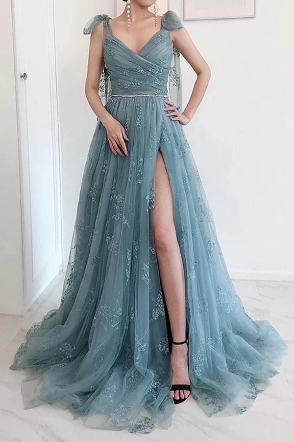 A-line Bow Tie Straps Party Dress Lace High Split Prom Dress,DS131-Daisybridals