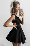 A-Line Deep V-Neck Short Cut Out Black Homecoming Dress,DH153-Daisybridals