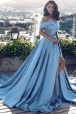 A-line Glamorous Off Shoulder Blue Long Prom Dress With Slit,DS175-Daisybridals