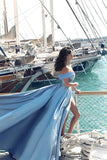 A-line Glamorous Off Shoulder Blue Long Prom Dress With Slit,DS175-Daisybridals