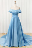 A-line Glamorous Off Shoulder Blue Long Prom Dress With Slit,DS175-Daisybridals
