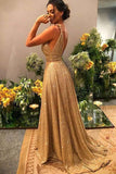 A-line Sequin Empire Gold Long Prom Dress With Sweep Train,DS157-Daisybridals