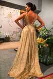 A-line Sequin Empire Gold Long Prom Dress With Sweep Train,DS157-Daisybridals